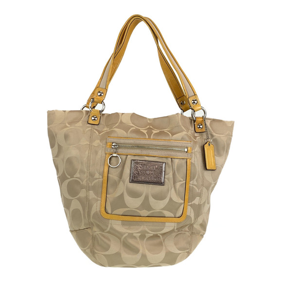 COACH Signature Beige Silver Hardware Leather Tote Bag Shoulder for Women - Picture 1 of 10